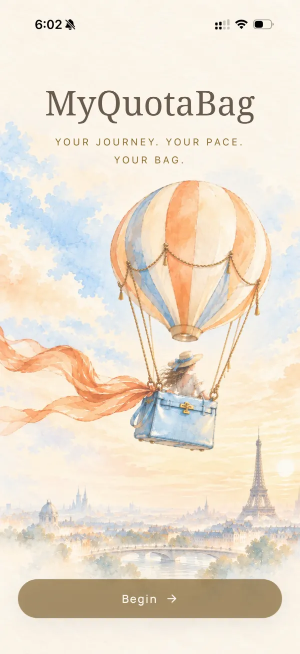 L’écran d’accueil de MyQuotaBag&nbsp;: une montgolfière à l’aquarelle et le bouton pour commencer.